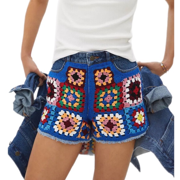 FARM Rio Pants - Farm Rio Ultra High-Rise Crochet Denim Shorts NWOT